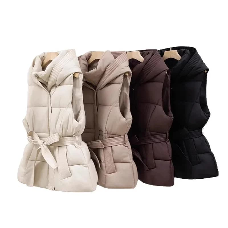 Gilet imbottito trapuntato da donna Addensare caldo cappotto invernale con cappuccio Tinta unita senza maniche imbottito Capispalla con cerniera con bottoni corti