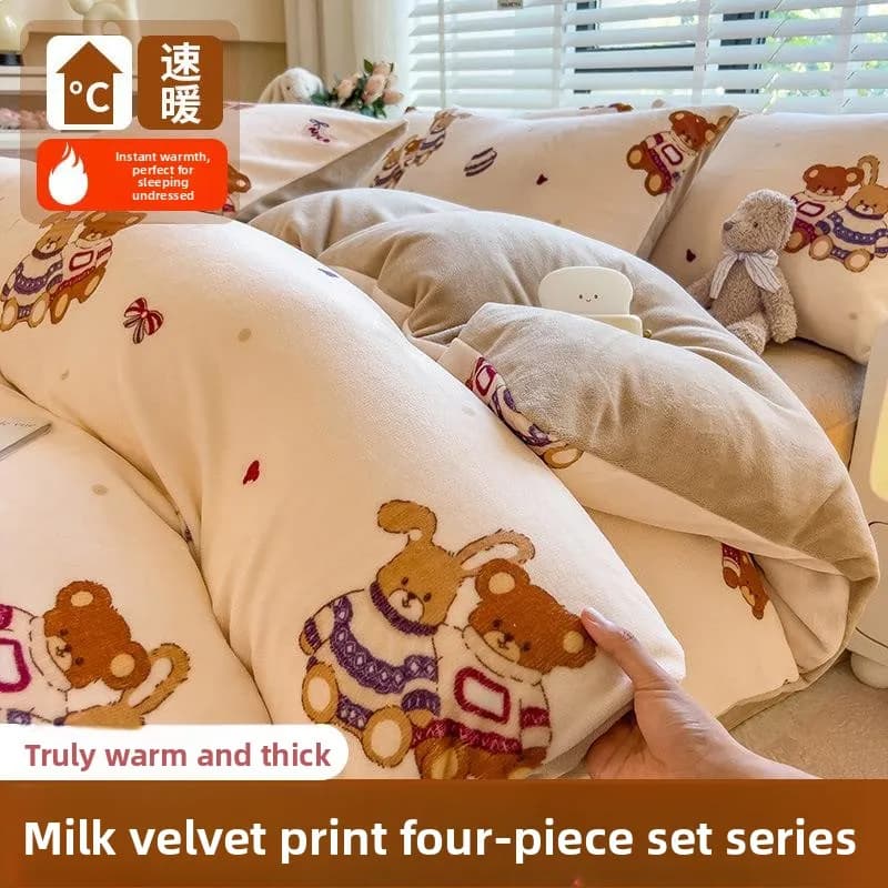 Winter Bed Linen Set in Flannel, Velvet Cover Crystal Bifacial, Set Three Pieces for Dormitory