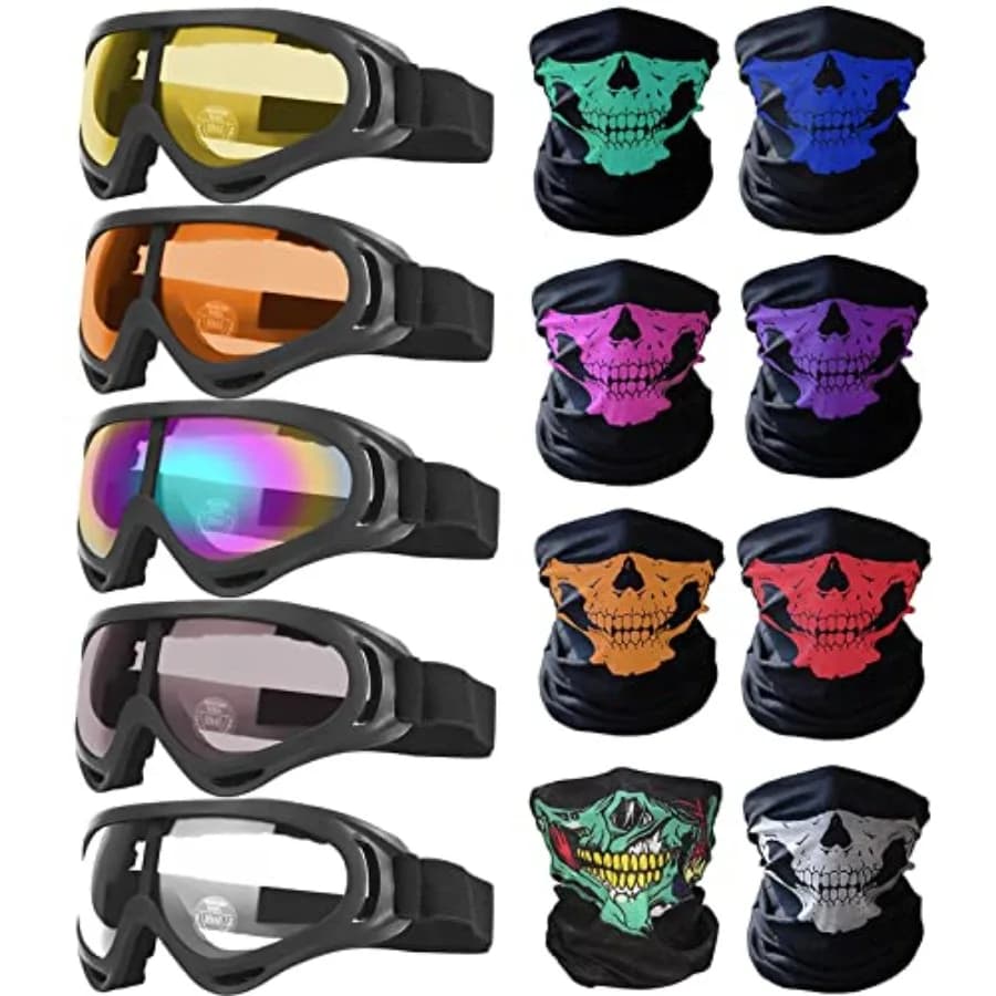 13PCS Motorcycle Set, 5 Dirt Bike Ski Goggles UV Protection Dustproof Windproof Safety Glasses with 8 Skull Face Mask