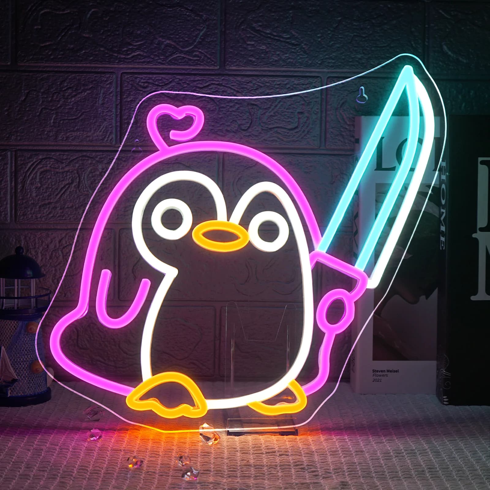 Insegne al neon con coltello da pinguino per decorazioni murali LED Alimentate tramite USB Simpatico insegna al neon anime per ragazzi Camera da letto Giardino Festa Ristorante Casa