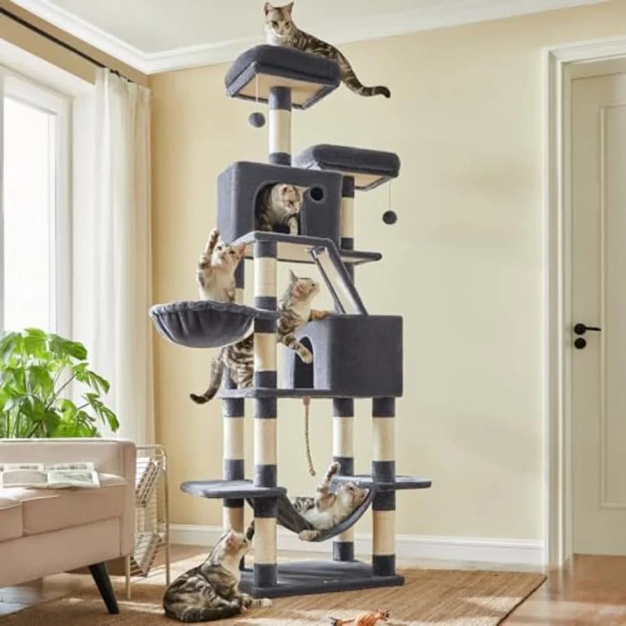 Albero per Gatti Grande da 81,1 Pollici, Torre Multi-Livello con Cuccia in Peluche, 13 Tiragraffi, 2 Posatoi, 2 Grotte, Cesto, Amaca, Pompon, Sm