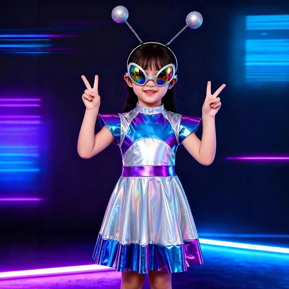 Costume da Alieno per Bambini, Vestito da Robot Olografico AI con Fascia per Capelli e Occhiali da Sole, Outfit per Feste di Halloween e Carnevale per Ragazze