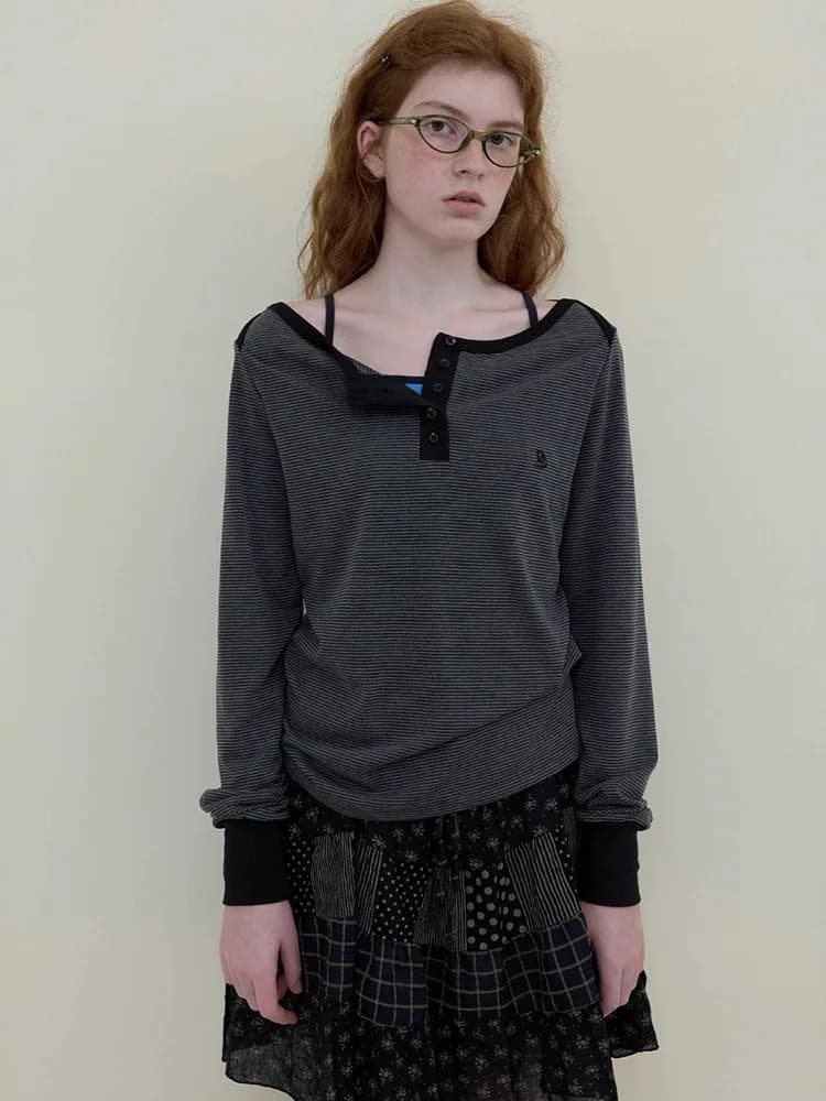 T-shirt a maniche lunghe da donna Nocontey, casual, a righe, con colletto Henley e bottoni, in poliestere traspirante, alla moda