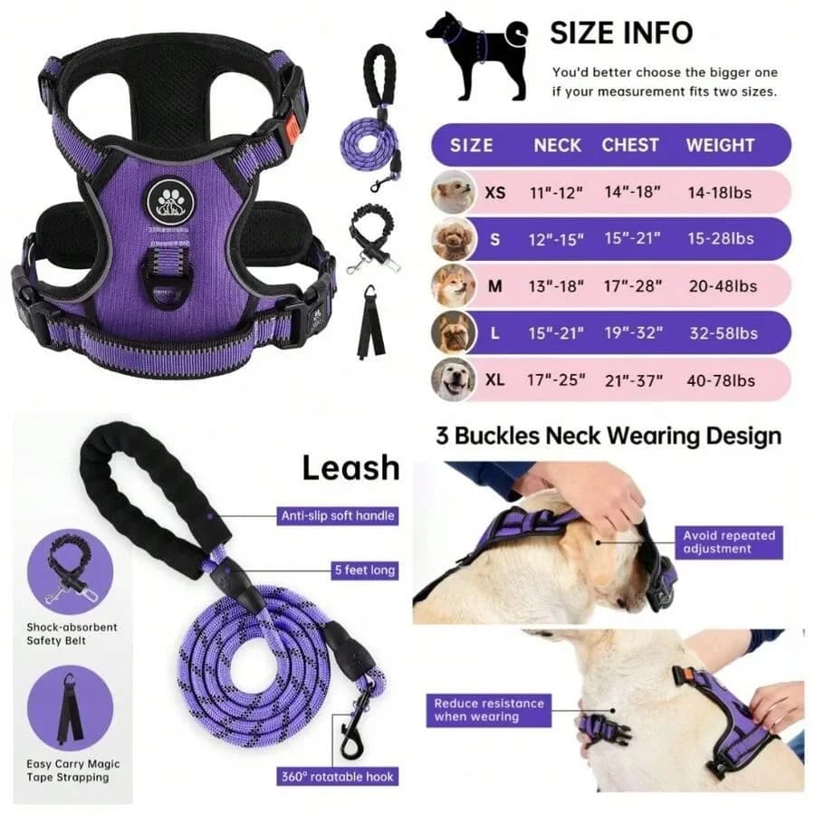 【New style】No Pull Dog Harness For Medium Dogs With Leash, Safety Belt and Storage Strap, Adjustable Pet Vest, 360 Reflective S