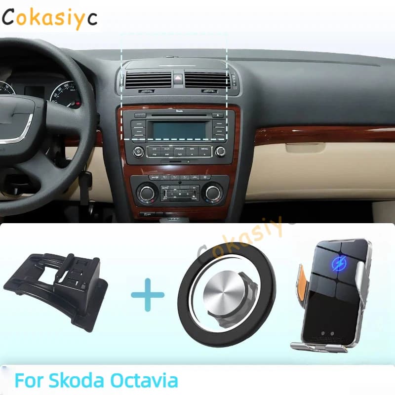 Supporto per telefono auto magnetico con ricarica wireless a rilascio rapido Qi, realizzato su misura per Skoda Octavia 2007-2014