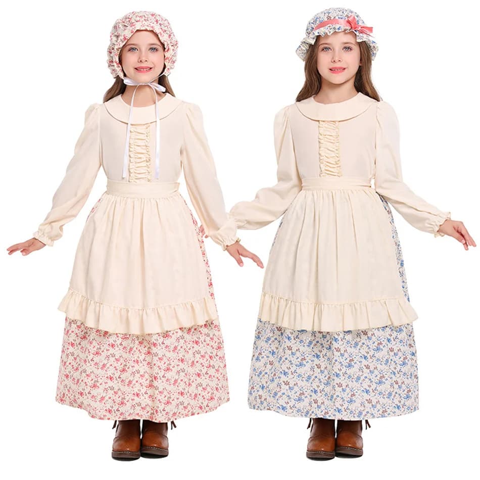 Grembiule per ragazze con stampa bicolore in stile pastorale campagna con 2 pezzi Abiti per cappelli Abiti per bambini Abiti per bambini Abiti per Halloween