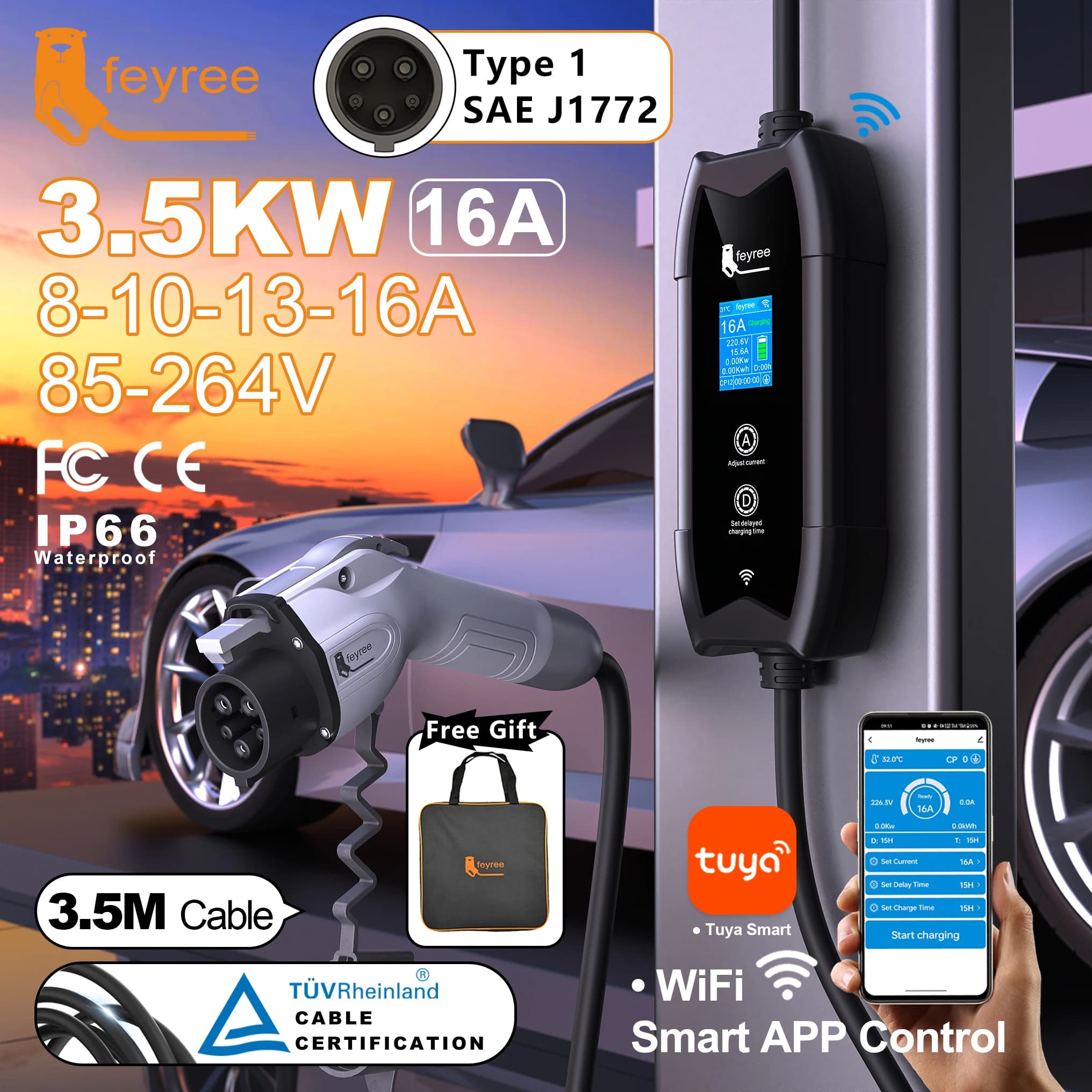 feyree Type1 Portable EV Charger 3.5m Cable with WIFI Amart APP Control 16A 3.5kW Set Charging & DelayTime for EV Cars