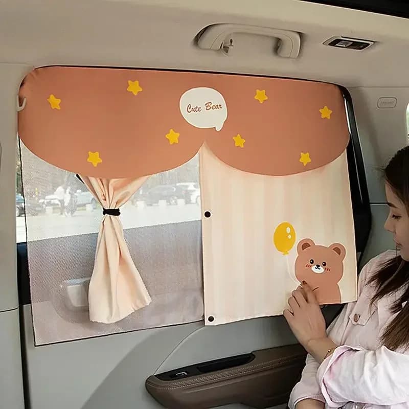 Foldable Cartoon Car Sunshade Polyester Semi Blackout Magnetic Auto Rear Side Window Portable Kids Curtain