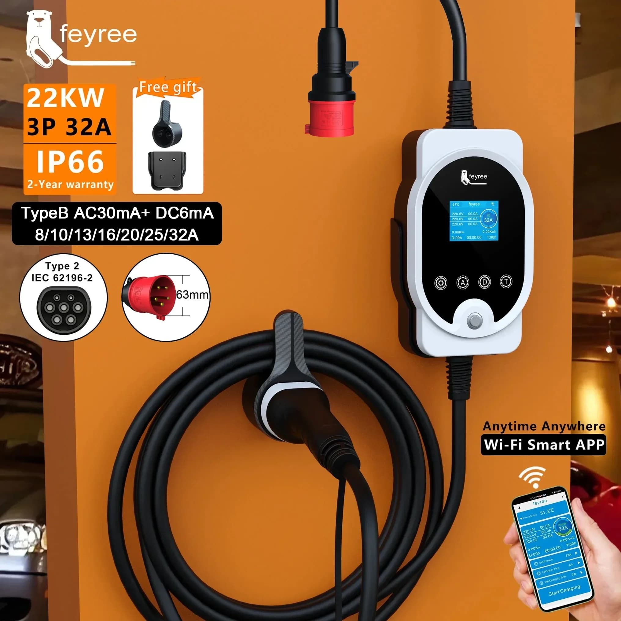 feyree 22KW Type2 EVSE Wallbox cable and 32A portable EV charger 3 phases Wi-Fi APP Intelligent fast charging station for electric vehicles