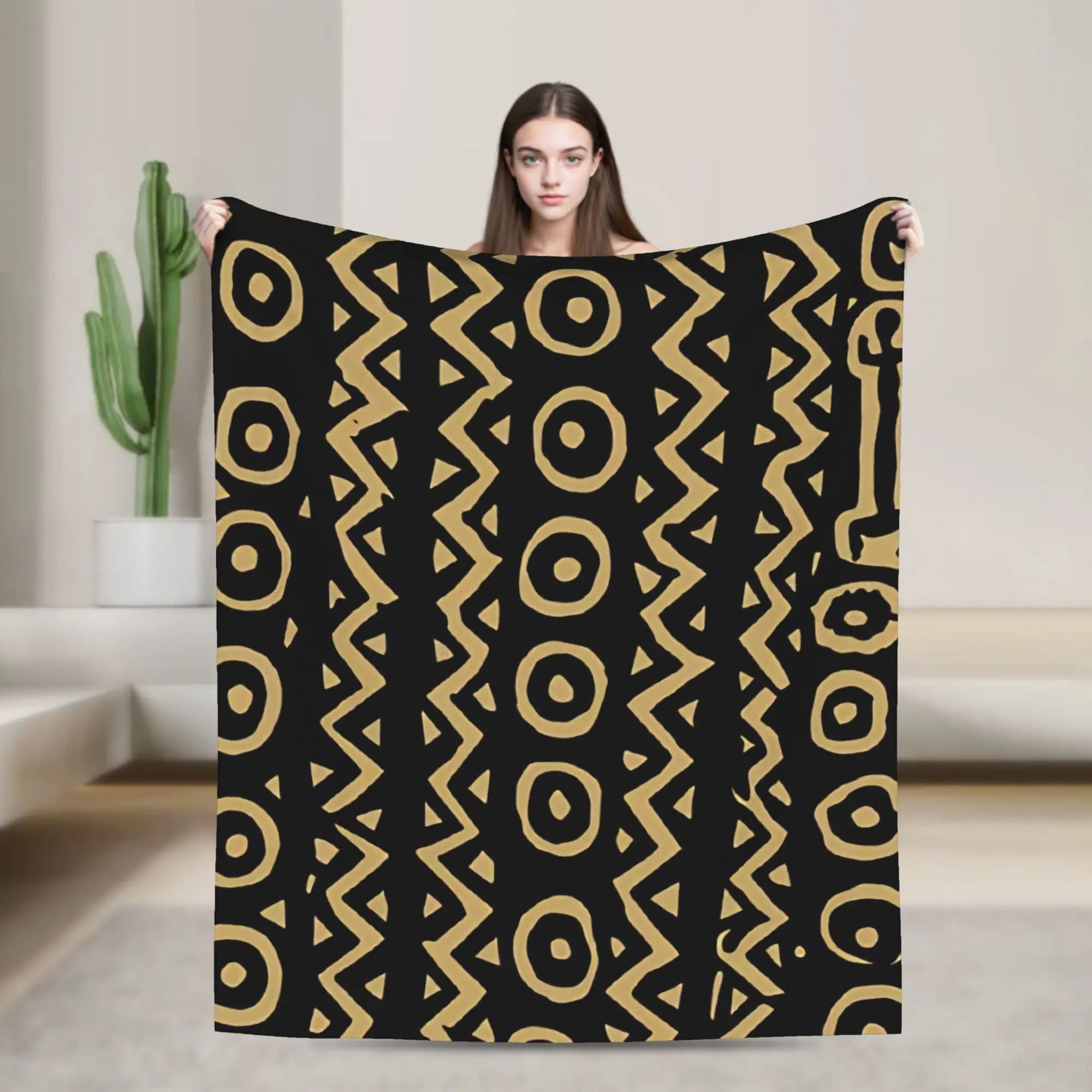 OUT OF AFRICA Coperta in flanella con motivo artistico africano nero e oro, morbida coperta per camera da letto, divano, copriletto