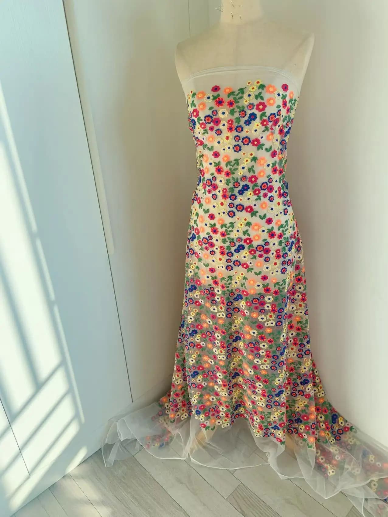 1 Yard 3D Embroidery Colorful Flowers Tulle Lace Fabric Gauze for Wedding Dress,Dance Costume,Evening Clothes