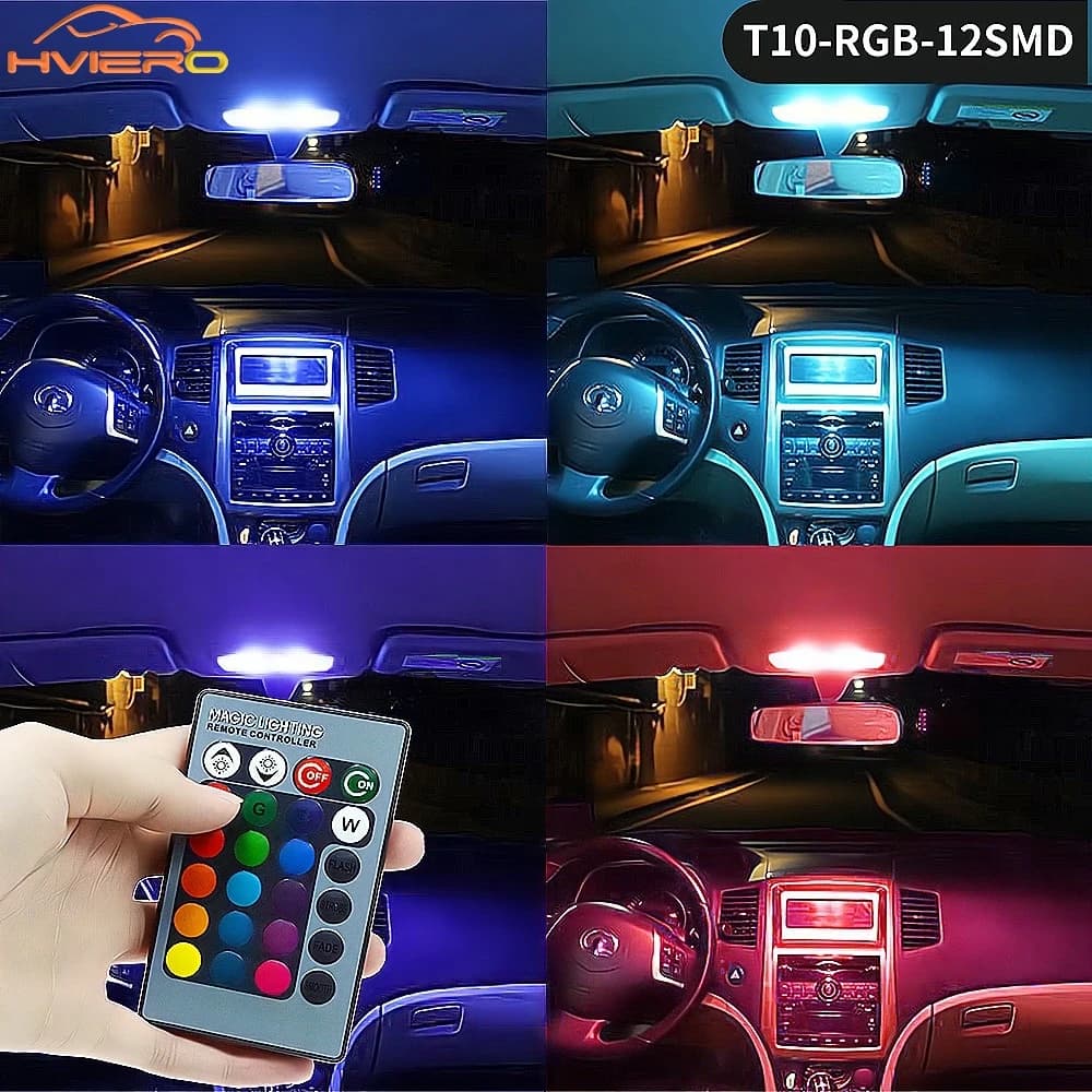 2X Decorazione interna automatica LED T10 W5W Atmosfera Luce per auto RGB Telecomando Porta da lettura colorata Indicatore laterale Coda di backup