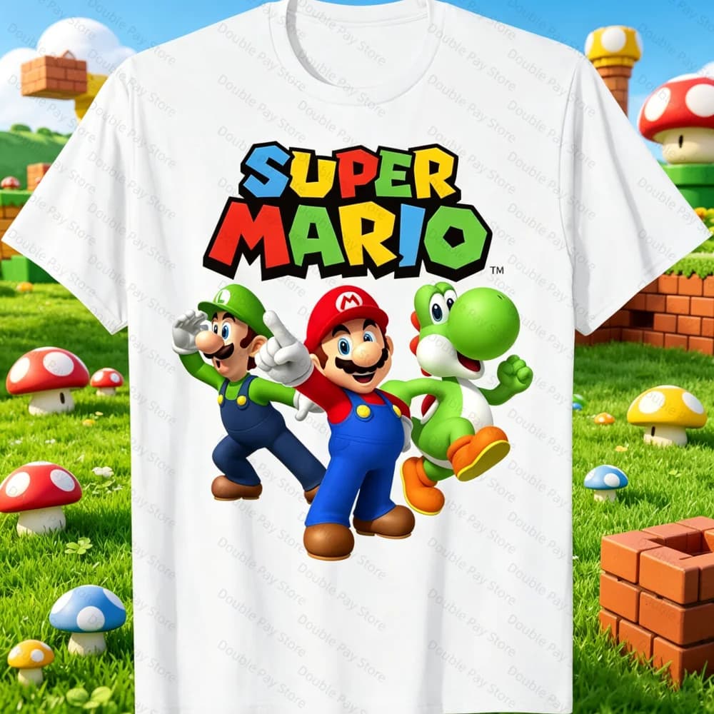 T-shirt Super Mario con grafica Luigi e Yoshi, unisex, nuova collezione estate 2026, maglietta vintage da uomo con scollo a O, stile giapponese Harajuku, per bambini