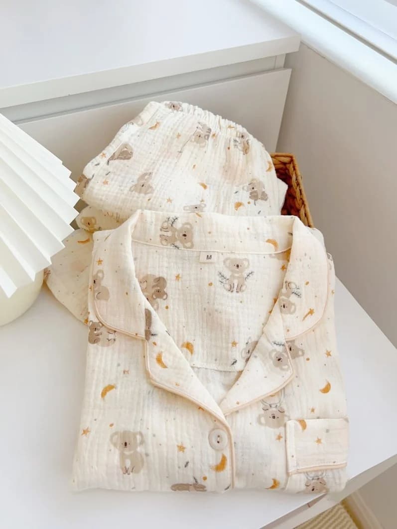 Pigiama in cotone a maniche lunghe da donna con orsetto, abbigliamento da casa, tessuto plissettato, primavera estate, taglie giovanili