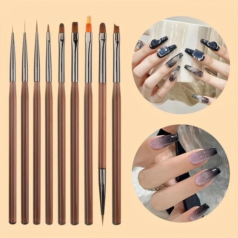 9pcs Nail Art Brushes Set, Dotting Tools, Design & Clean Up Brushes for Gel Polish, 3D DIY Manicure Decorations