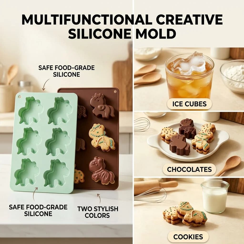 Stampo in Silicone Creativo a Forma di Cavallo per Ghiaccio, Cioccolato e Biscotti, Vassoio per Cubetti di Ghiaccio, Utensile da Cucina per Dolci a Forma di Animale