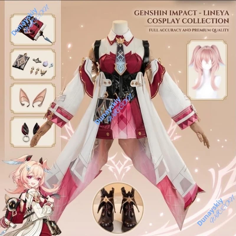 Costume Cosplay di Linnea dal Gioco Genshin Impact, Set con Vestito e Parrucca, Outfit Trendy per Giochi di Ruolo Femminili, per Carnevale e Halloween