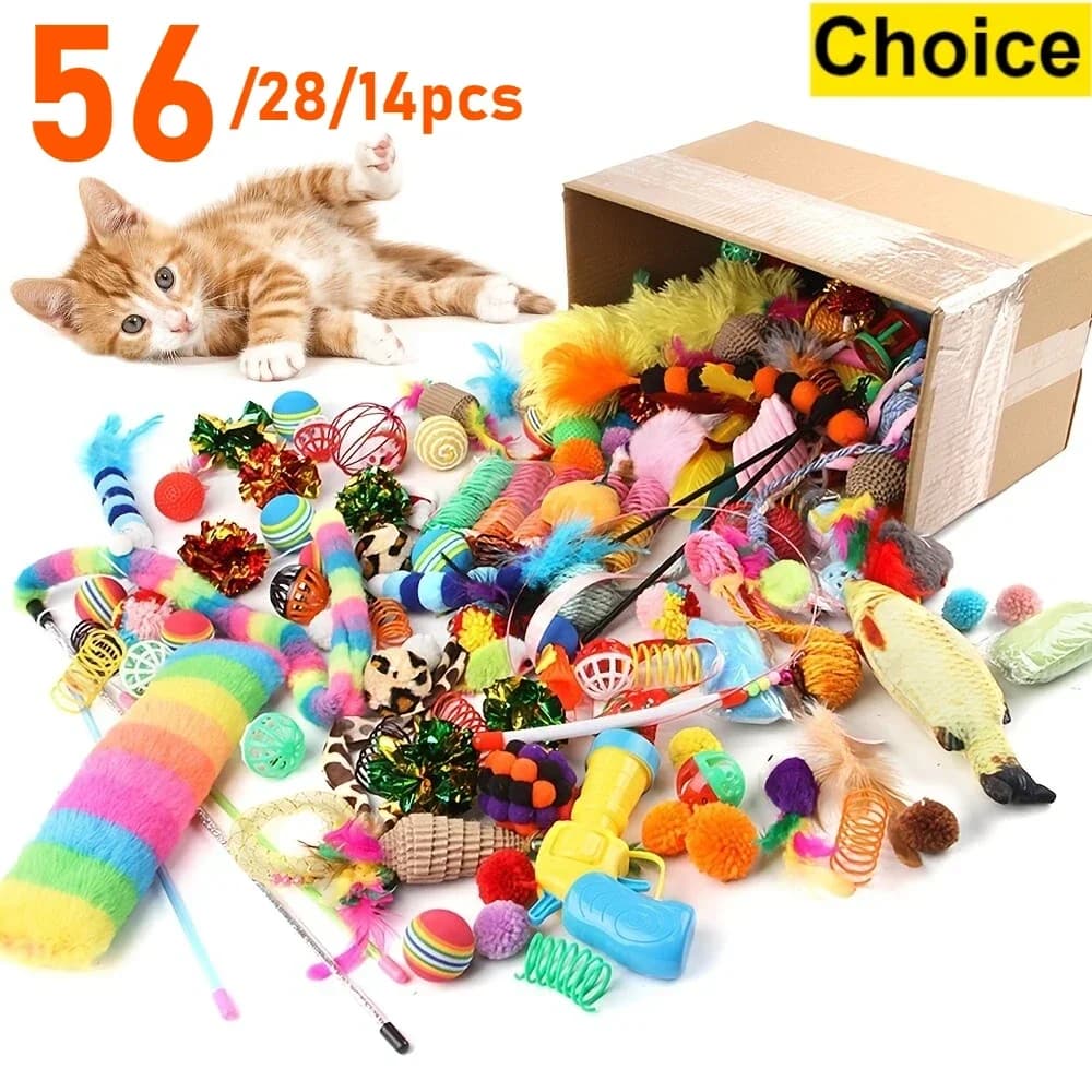 Mixed pack of cat toys from 56 pieces/28 pieces/14 pieces. A combination of various plastic toys and toys suitable for multiple cats to play