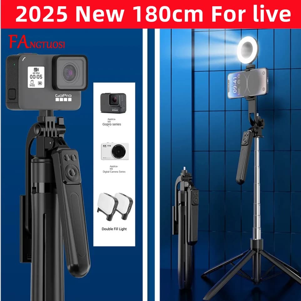 FANGTUOSI Nuove staffe per selfie stick wireless da 180 cm con supporto per telefono Treppiede per supporto per fotocamera per smartphone con otturatore Bluetooth