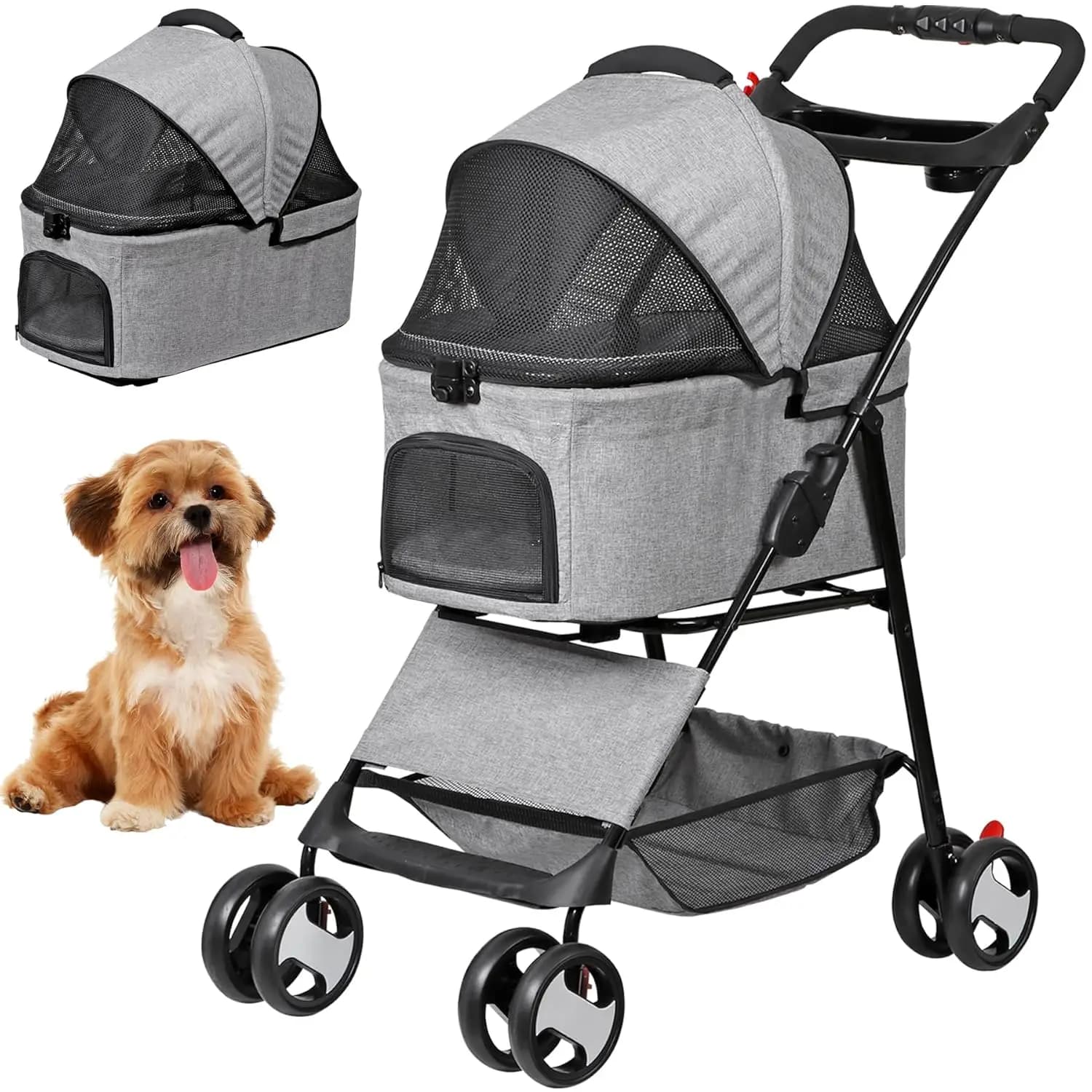 Passeggino per Cani da Esterno: Passeggino Grigio per Cani con Trasportino Rimovibile, Cestino Portaoggetti e Portabicchieri