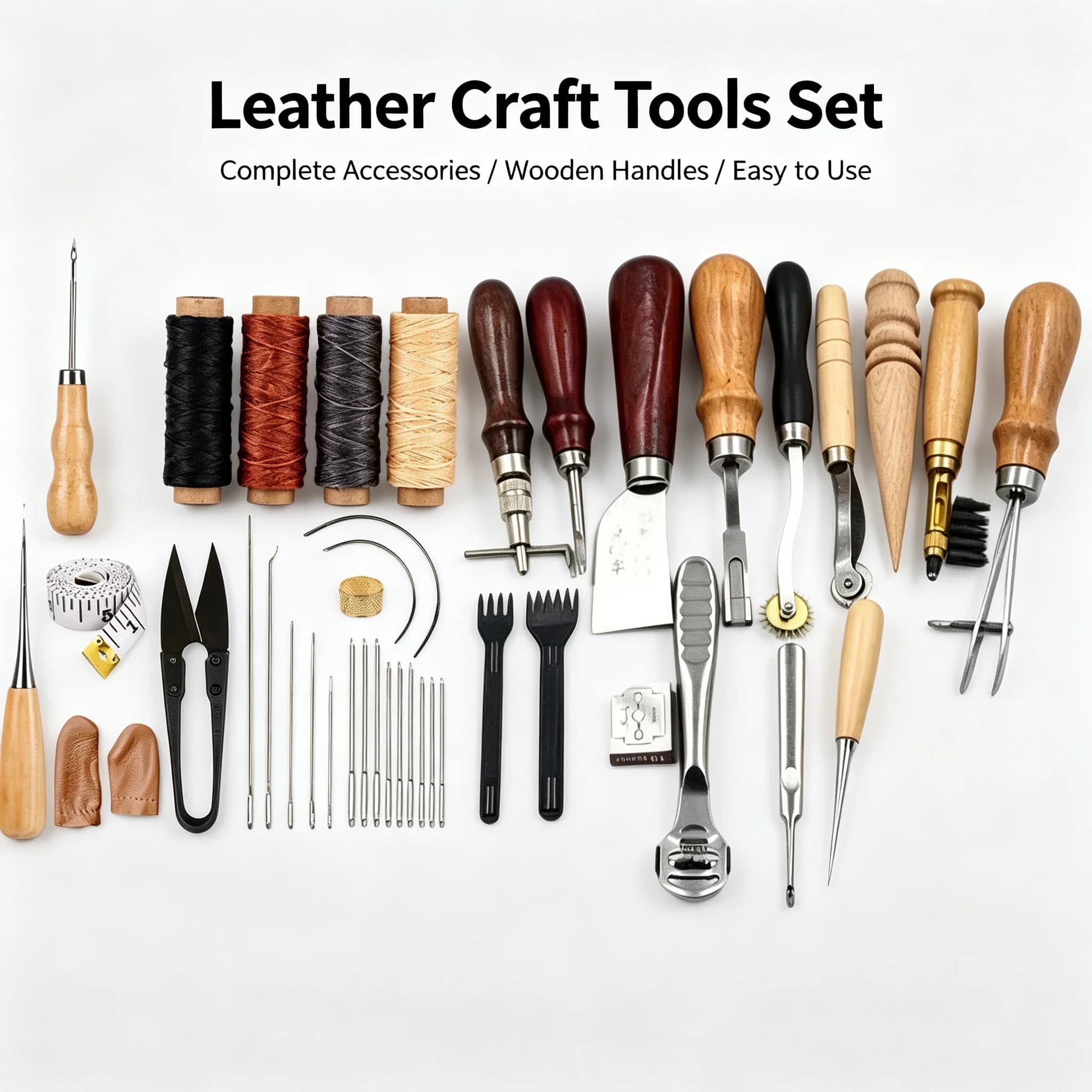 Complete Leather Craft Tools Set, Multipurpose Hand Sewing Punch Carving Kit with Wooden Handles for DIY Leatherworking