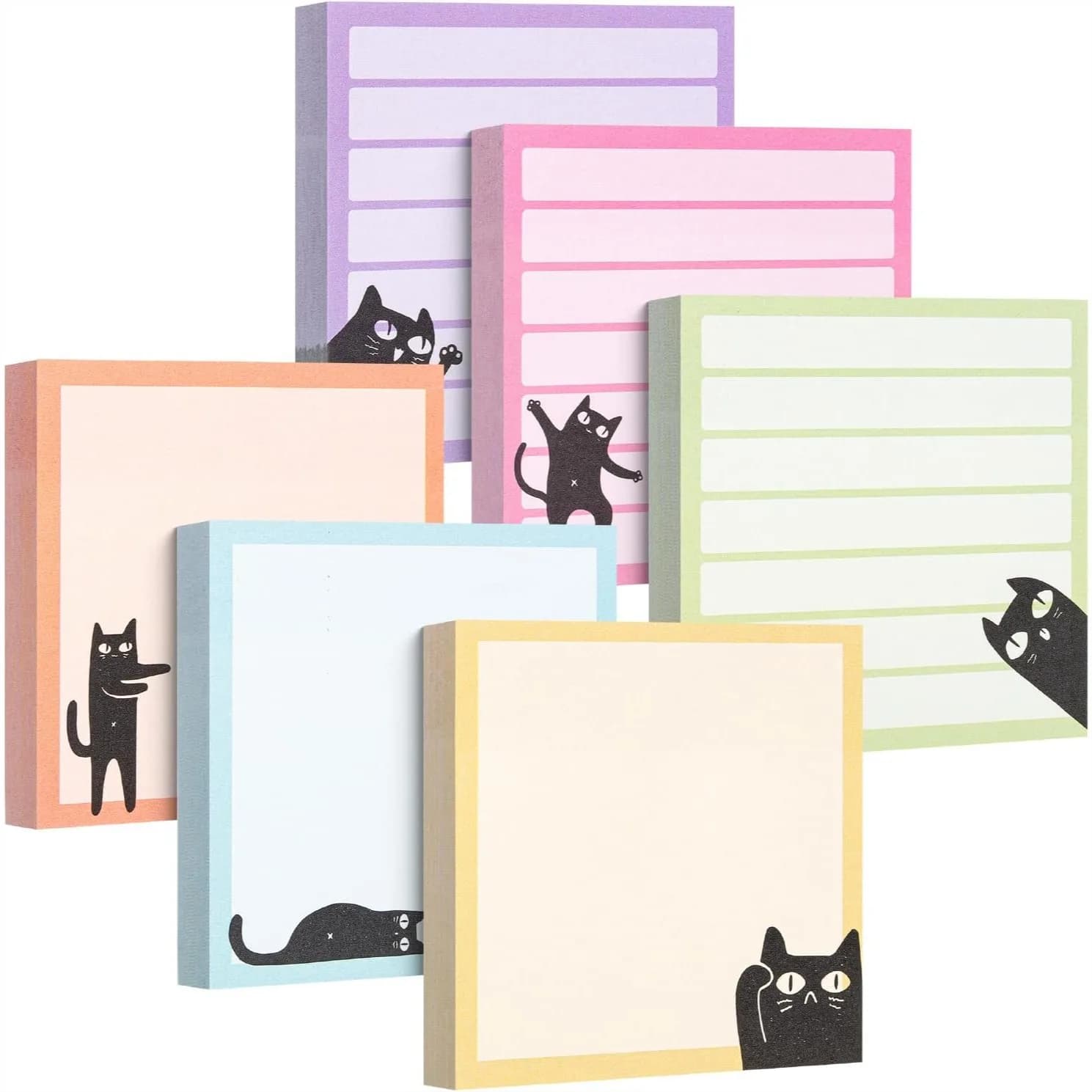 Set di Blocchetti Adesivi Black Cat 3x3 Pollici, 6 Blocchi, 480 Fogli, Memo Pad Autoadesivi per Ufficio, Scuola, Casa e Studio