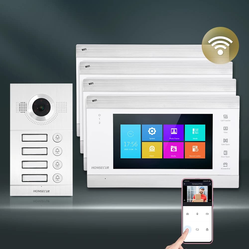Videocitofono WIFI HOMSECUR con Menu Multilingue, Telecamera Argento con Registrazione Automatica per 4 Famiglie