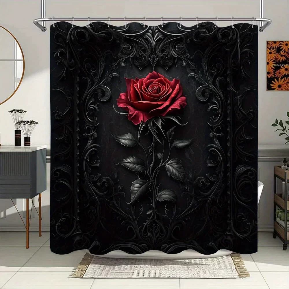 Gothic Red Rose Shower Curtain - Elegant Black Polyester, 3D Floral Design, 12 Hooks, Dramatic Ornate Decor