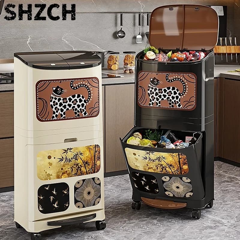 Vintage Kitchen Trash Can, Large Double Layer Dry Wet Compost Bin with Lid