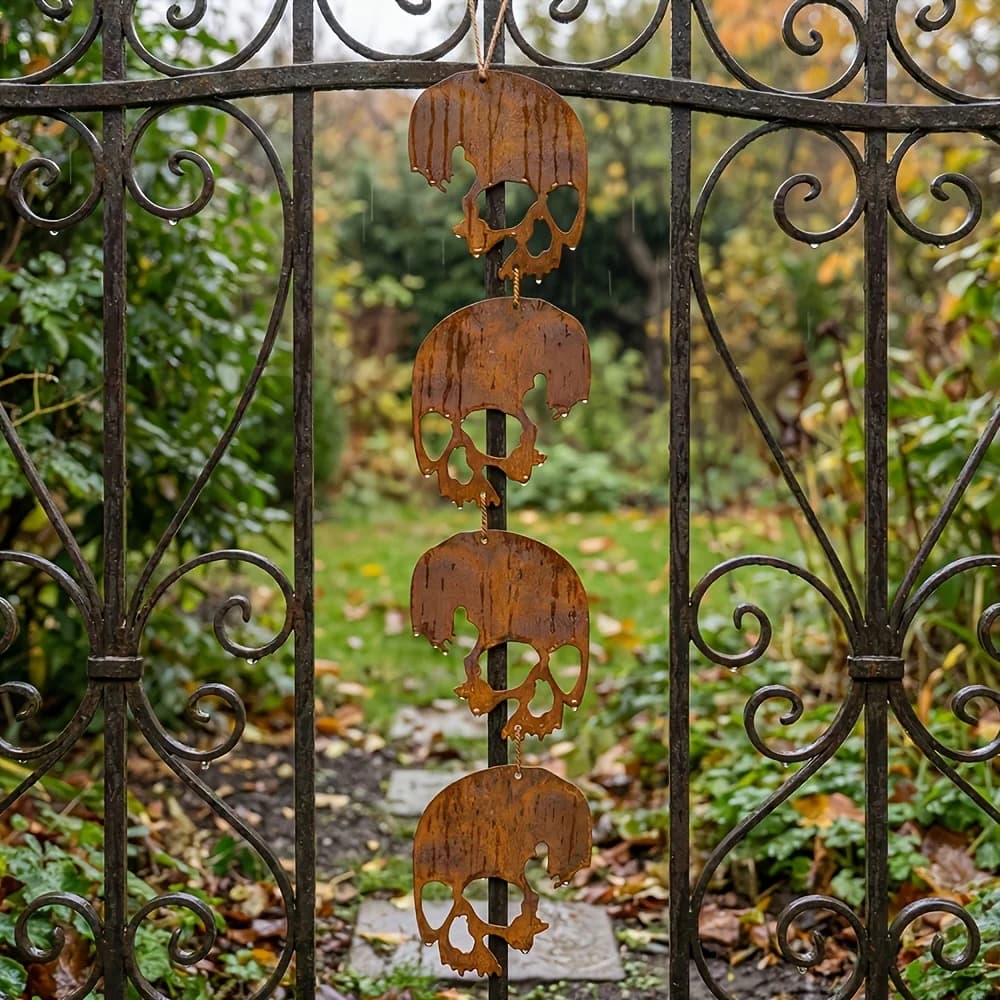 4 Rusty Metal Skulls, Suitable for Hanging, Garden Decoration, Rusty Metal Wind Chime Spinner, Decorative Hanging Ornaments