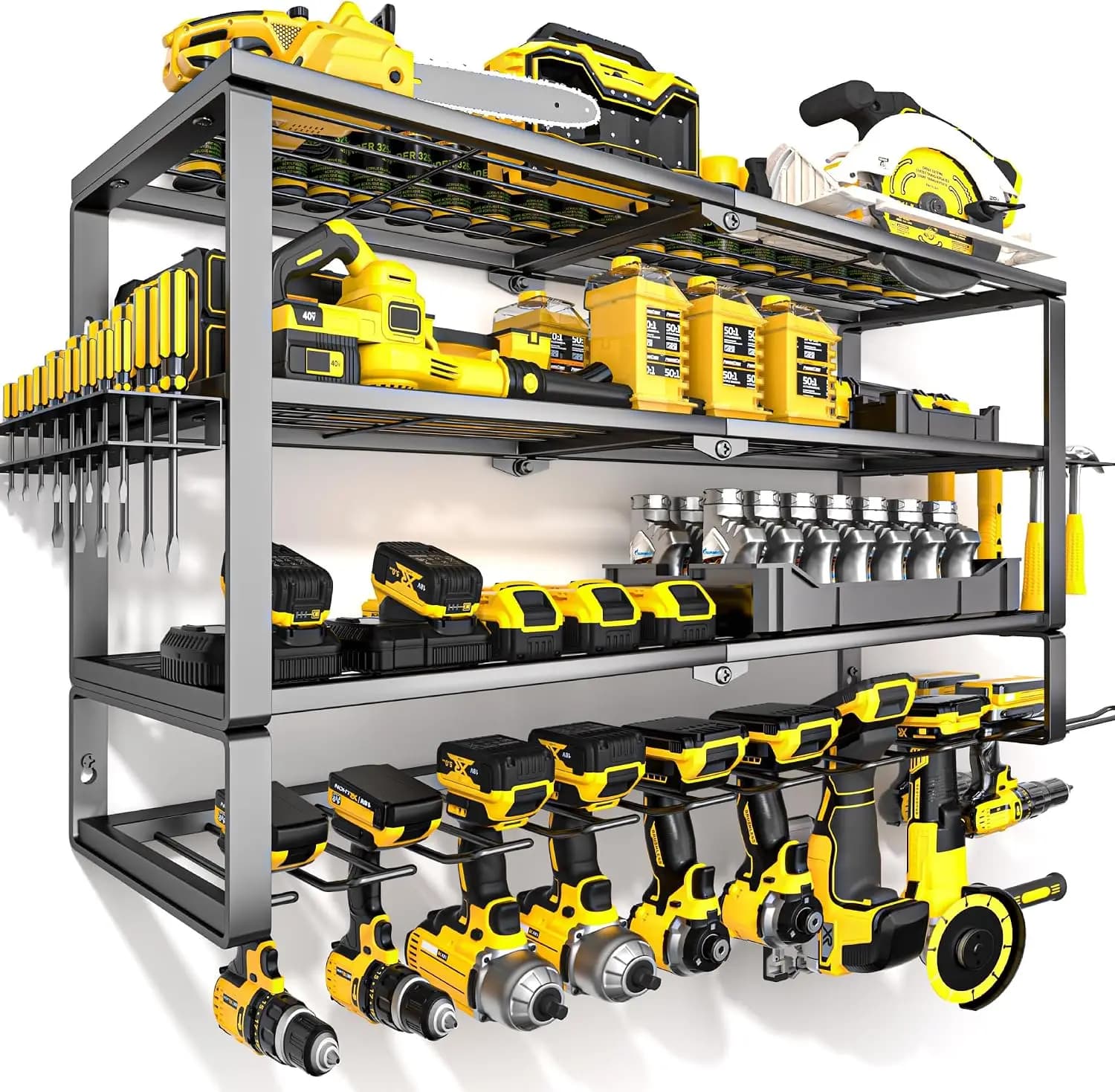Large Power Tool Organizer Wall Mount, Heavy Duty Metal Cordless Drill Storage Rack with Battery Charging Station Shelf, Utility Racks for Garage Organization, 4 Layer 10 Drills Holder Extra Tall