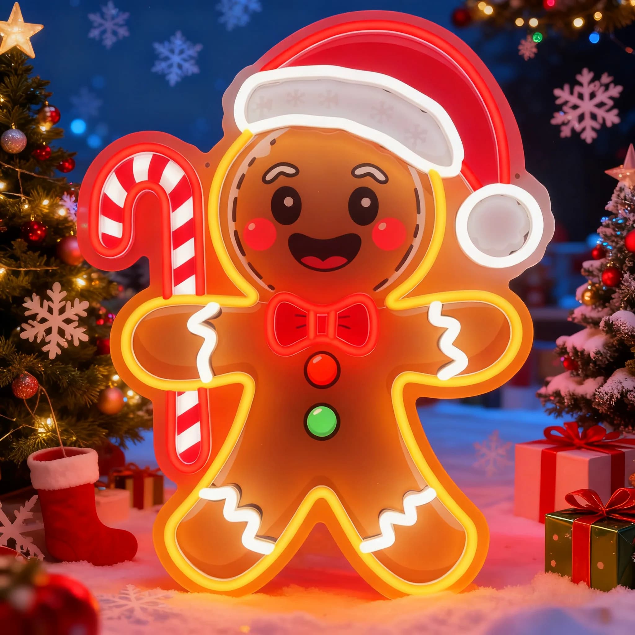 Insegna al neon a LED con canna di zucchero e pan di zenzero per decorazioni murali, design stampato UV, dimmerabile tramite USB, per feste di festa, camera dei bambini, finestra, regalo