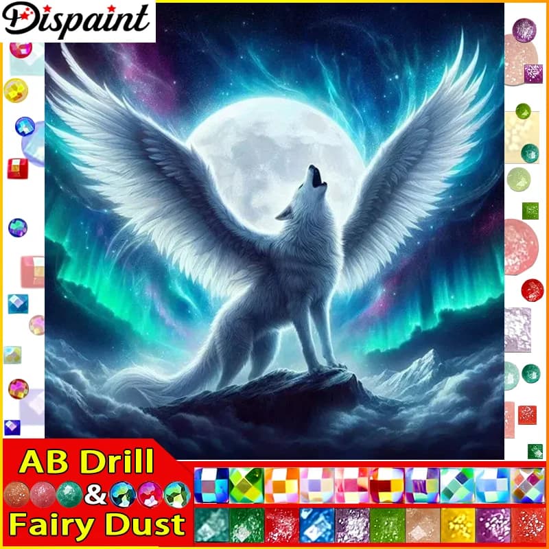 Dispaint Fairy Dust AB Diamante pieno "Wolves Wings Moon" Pittura diamante 5D fai da te Punto croce Decorazioni per la casa Immagine di strass