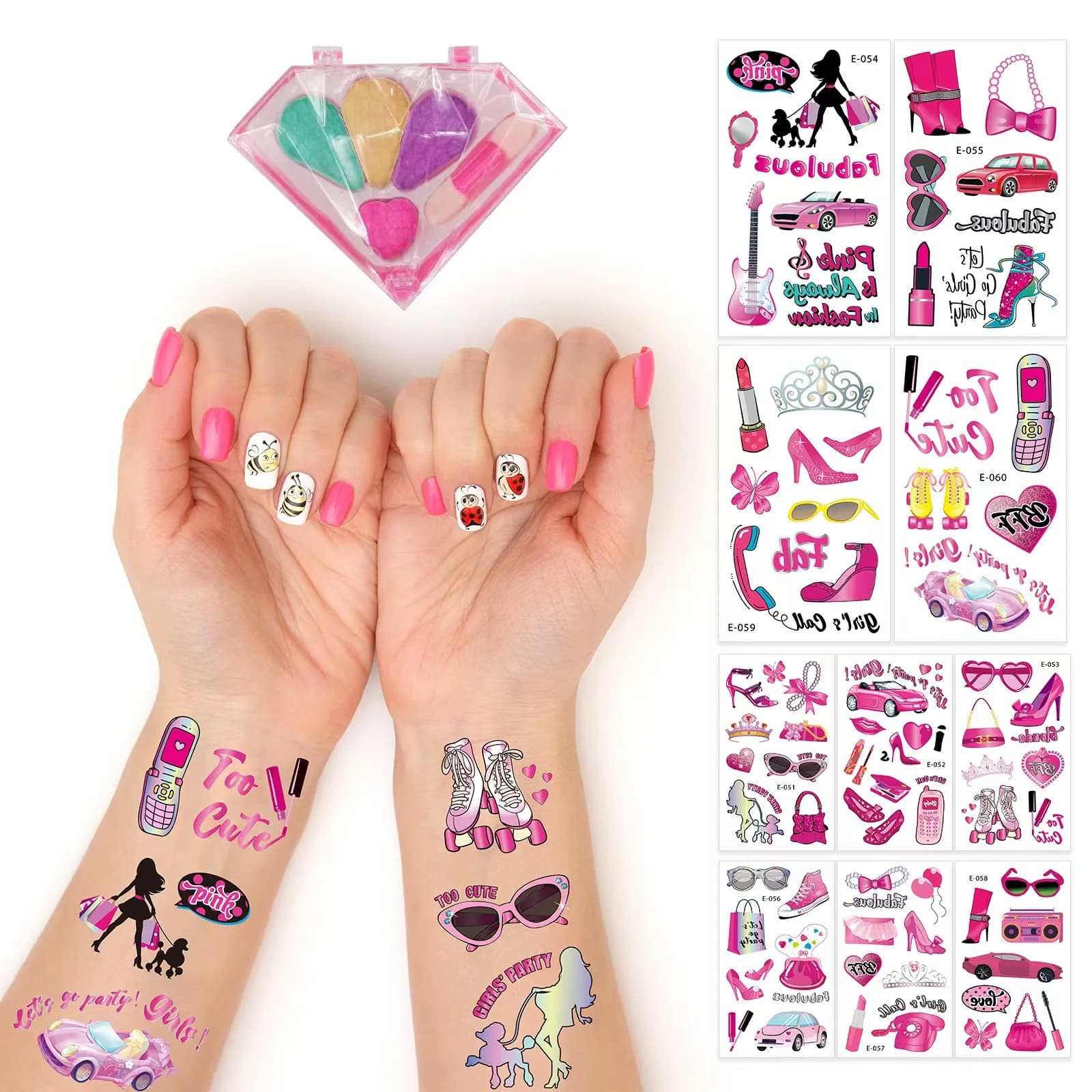 10pcs Pink Denim Pink Girl Waterproof Tattoo Sticker Girl Cartoon Party Decoration Kid Adult Makeup Face Patch Set Cosplay Prop