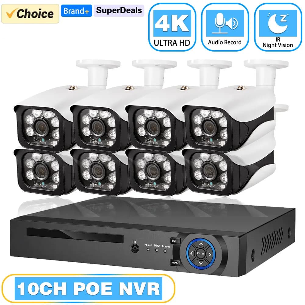 Sistema di Telecamere di Sicurezza HKIXDISTE 4K POE con Registrazione Audio, NVR CCTV 8MP 10CH H.265 P2P AI, Set di Telecamere IP per Esterni