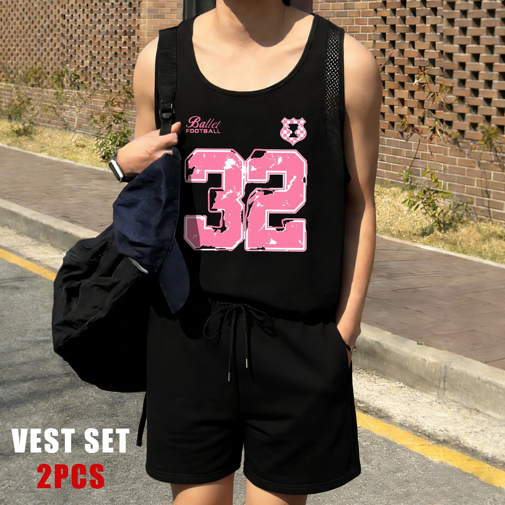 Men's Rectangular Vest Set with Print Number 32 in Vintage Style, Simple Retro Clothing, Unisex Summer Shorts, Top Vintage