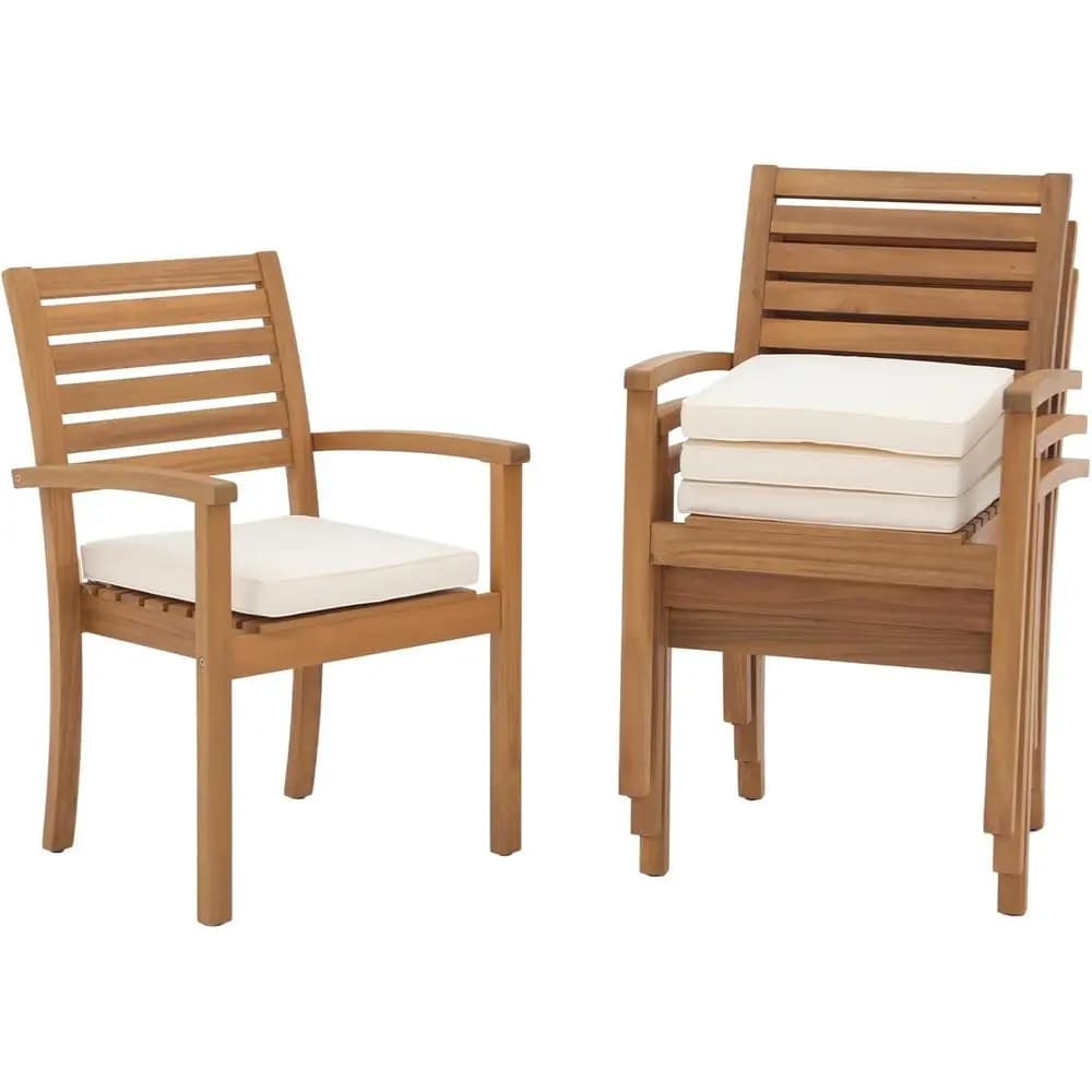 Set of 4 patio stackable dining chairs with acacia wood, armrests and cushions in removable fabric for outdoor and indoor use