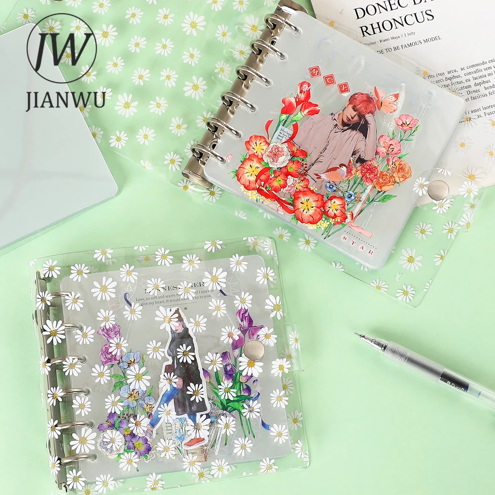 JIANWU Carino Piccola Margherita Trasparente Libro Conto a fogli mobili 20 Lenzuola Studente di Scrittura Blocco Note Raccoglitore Kawaii Forniture di Cancelleria