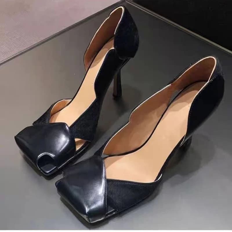 Brand Designer High Heels Women Luxury Square Toe Elegant Sexy Party Shoes Black Dig Out Sandals Mary Janes Décolleté Retro Woman