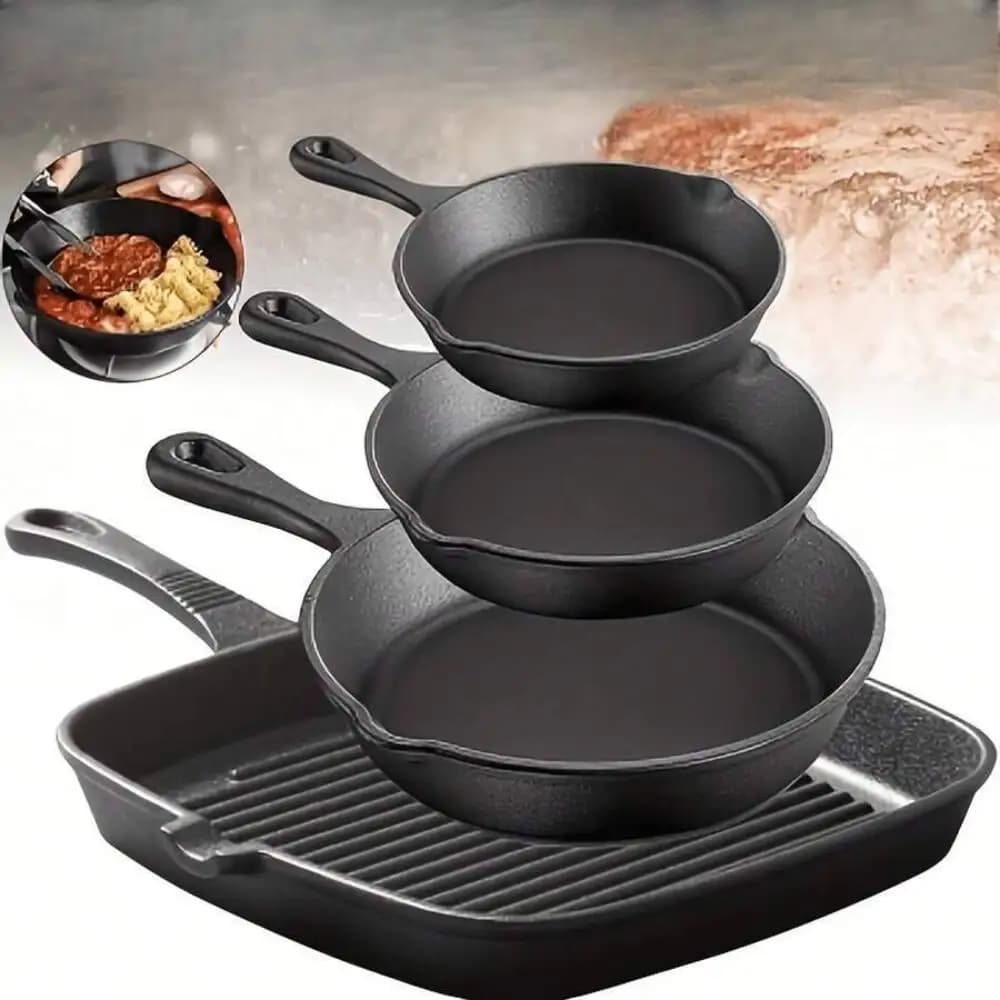4-Piece Cast Iron Cookware Set, Round Frying Pans & Square Grill Pan, Pre-Seasoned Cast Iron Skillet Set For Steak, Camping, Home Cooking