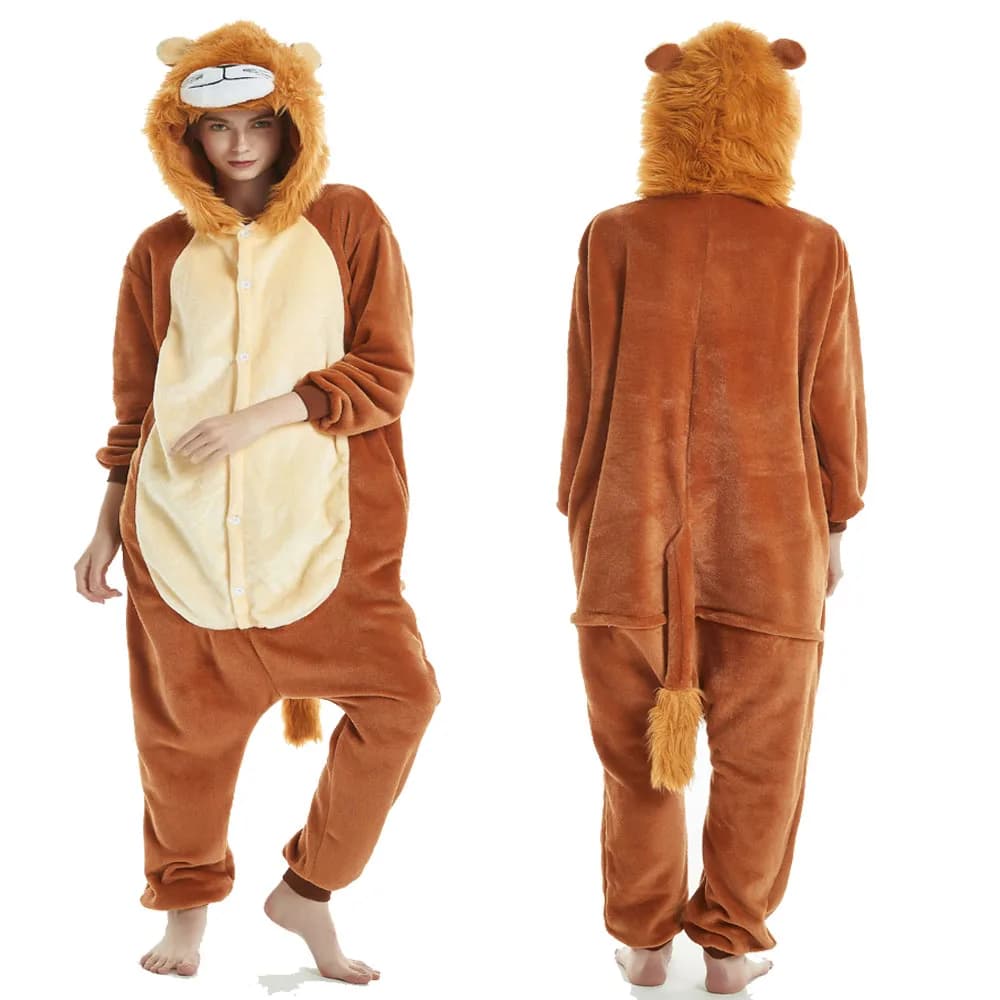 Kigurumi Costume Animale Adulto Leone Tutina Plus Size Anime Marrone Peluche Pigiama Halloween Party Uomo Donna Sonno Tute Pigiama