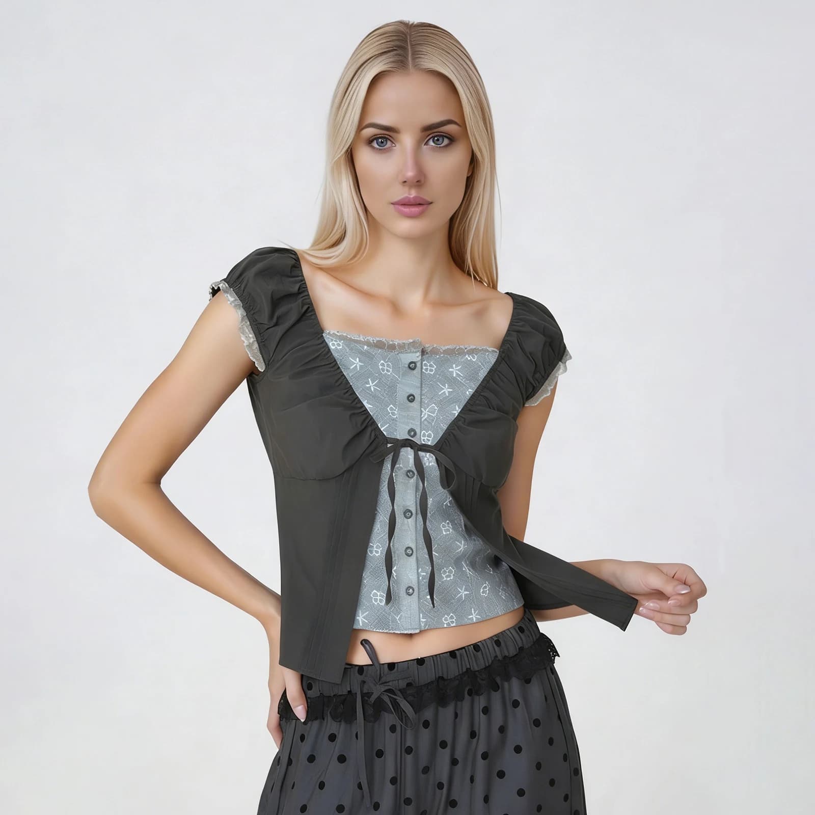 Camicia in pizzo finta due pezzi da donna, top estivo con camicetta patchwork con chiusura a bottoni floreale a maniche corte