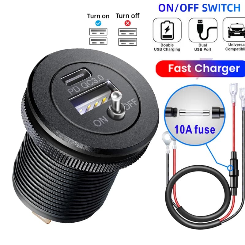 Presa per caricabatteria da auto USB C 12V/24V Doppia presa USB PD3.0 e porta adattatore per auto QC3.0 con voltmetro LED e interruttore on/off