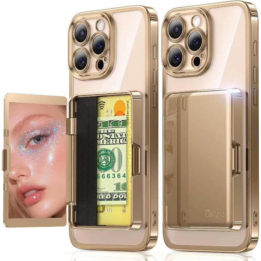 Per iPhone 16 Pro Max Custodia a portafoglio con 3-4 scomparti per carte e scomparto per contanti Specchio incorporato e cavalletto surround