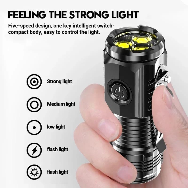 Mini Powerful 3LED Super Bright Flashlight - Portable Burst Flash Torch Rechargeable Emergency Spotlight with Pen Clip