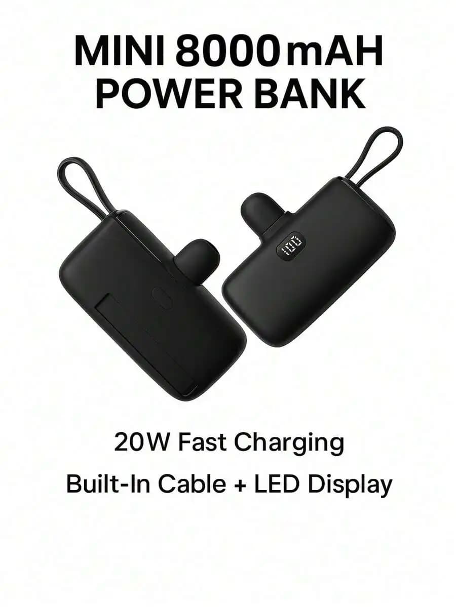 Mini 8000mAh Power Bank With LCD Display 20W Fast Charging Built-In USB-C Cable