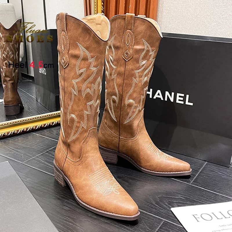 Western style boots embroidered in real leather 4.5 cm Long spring autumn shoes for women Cowboy boots brief-on knee