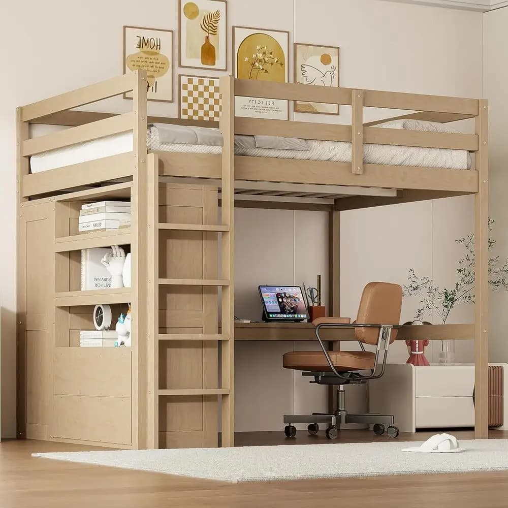 Letto a soppalco a grandezza naturale con scrivania e armadio, letto a castello in legno con ripiani contenitore, non richiede rete a molle, noce