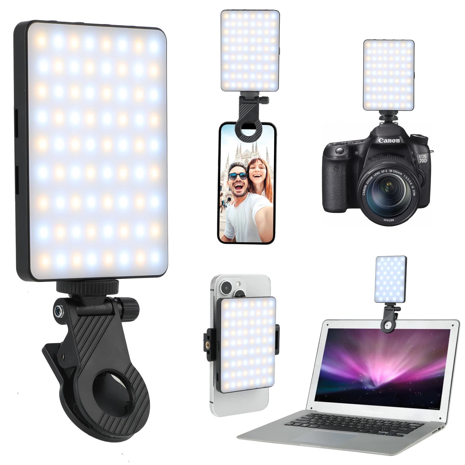 Selfie light with front and back phone clip, 72 LED rechargeable video light for iPhone iPad portable camera