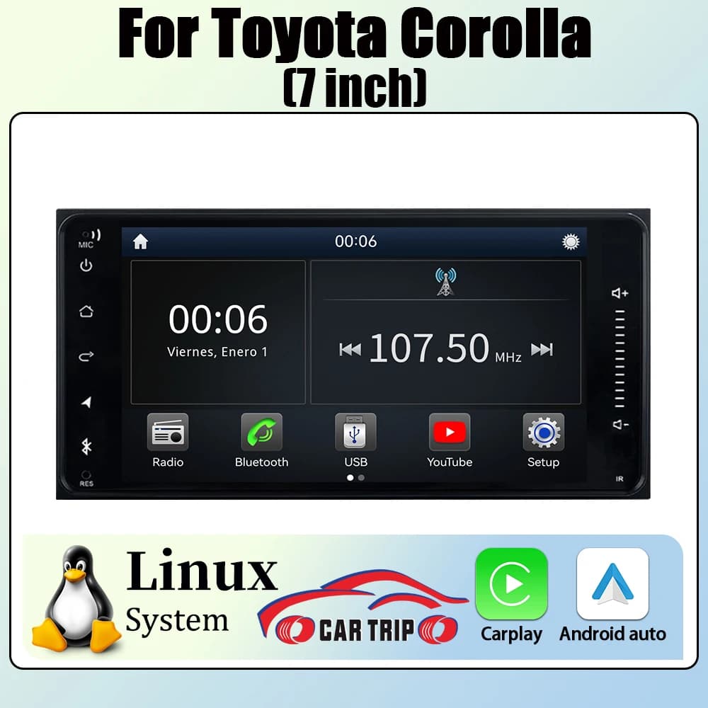 Autoradio Multimediale Universale 7'' 2DIN con Linux, Carplay e Android Auto per Toyota VIOS CROWN CAMRY HIACE PREVIA COROLLA RAV4